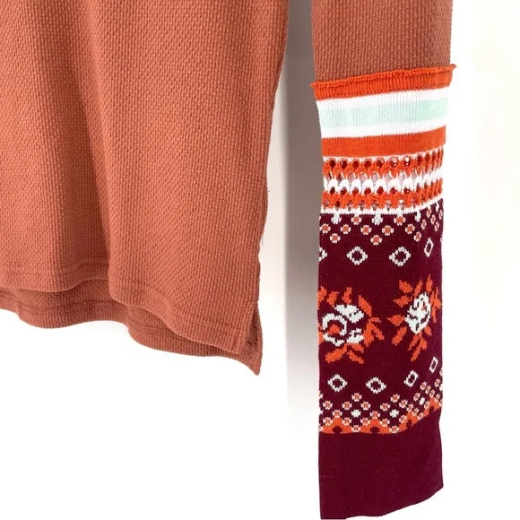 Free People Mikah Notch Neck Boho Long Sleeve Thermal Autumn Orange Printed Cuff - Picture 7 of 9
